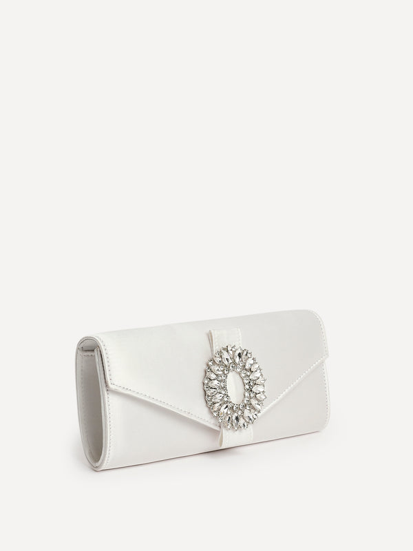 Linzi Ivory Satin Evening Envelope Clutch Bag With Diamante Tubing Trim
