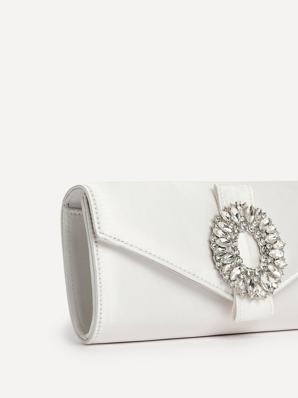 Linzi Ivory Satin Evening Envelope Clutch Bag With Diamante Tubing Trim