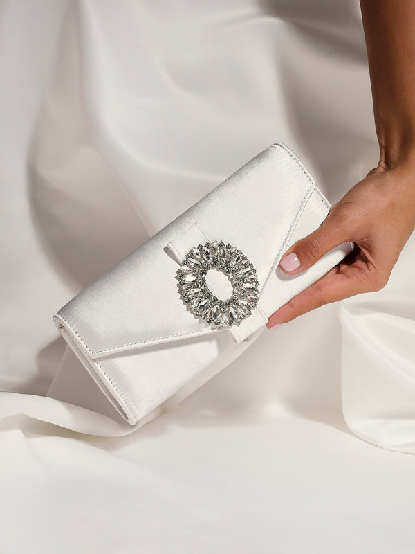 linzi Ivory Satin Evening Envelope Clutch Bag With Diamante Tubing Trim