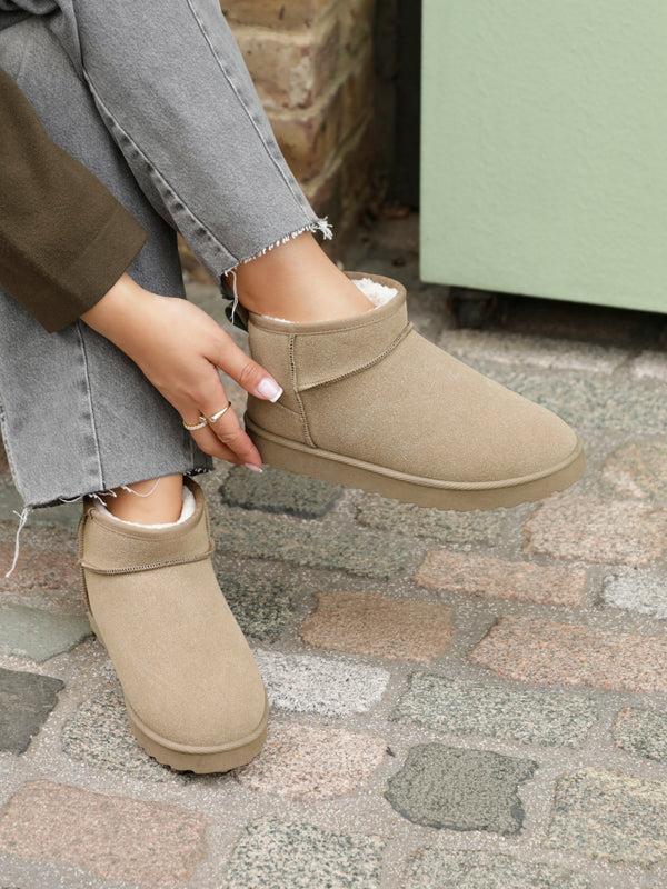 linzi Khaki Faux Suede Faux Fur Lined Ultra Mini Ankle Boot