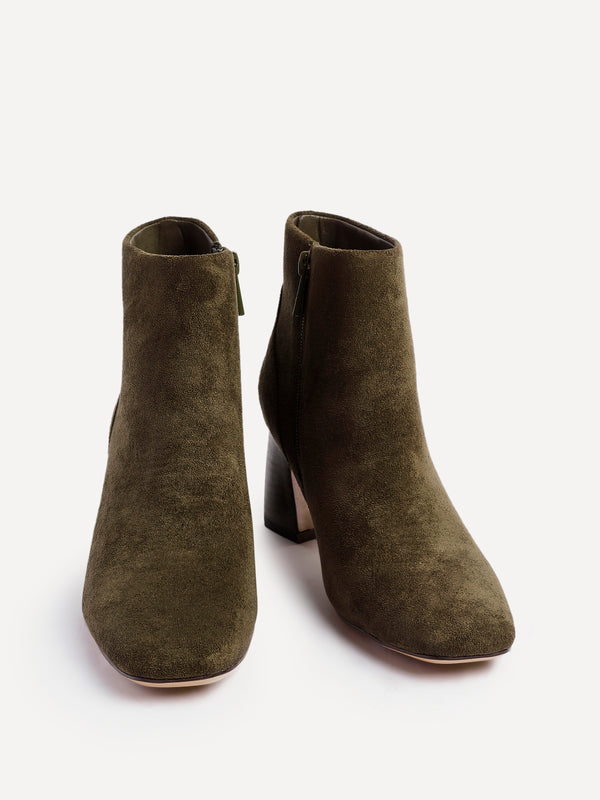 Linzi Khaki Faux Suede Soft Square Toe Block Heel Ankle Boot