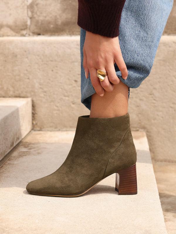 linzi Khaki Faux Suede Soft Square Toe Block Heel Ankle Boot