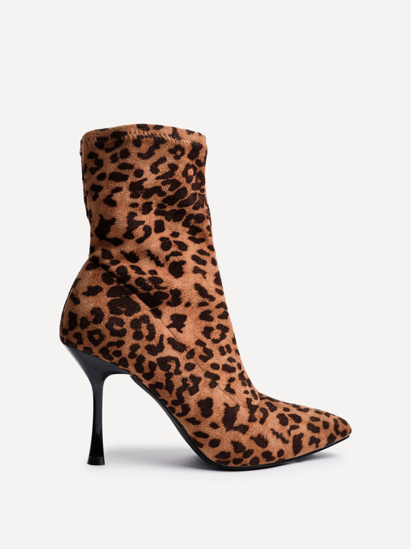 Linzi Leopard Print Ankle Sock Boot With Stiletto Heel