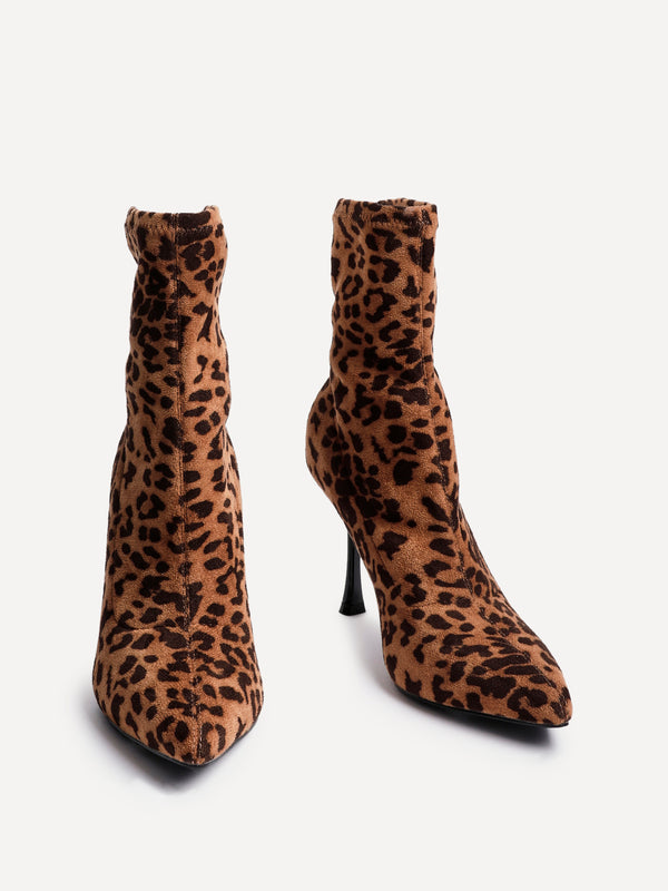Linzi Leopard Print Ankle Sock Boot With Stiletto Heel
