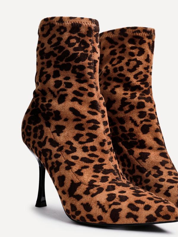 Linzi Leopard Print Ankle Sock Boot With Stiletto Heel