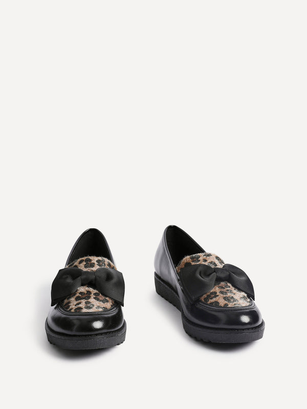 Linzi Leopard Print Classic Slip On Loafer With Fabric Bow Detail