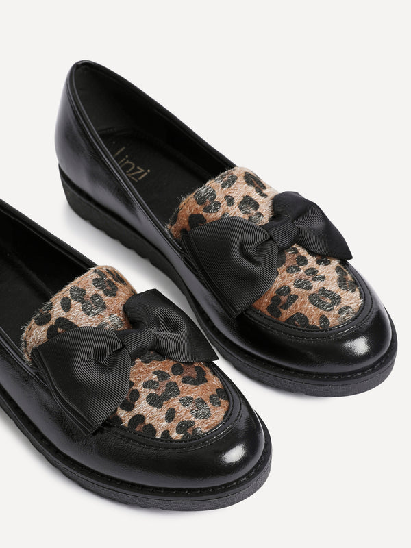 Linzi Leopard Print Classic Slip On Loafer With Fabric Bow Detail