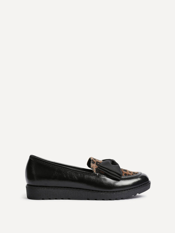 Linzi Leopard Print Classic Slip On Loafer With Fabric Bow Detail