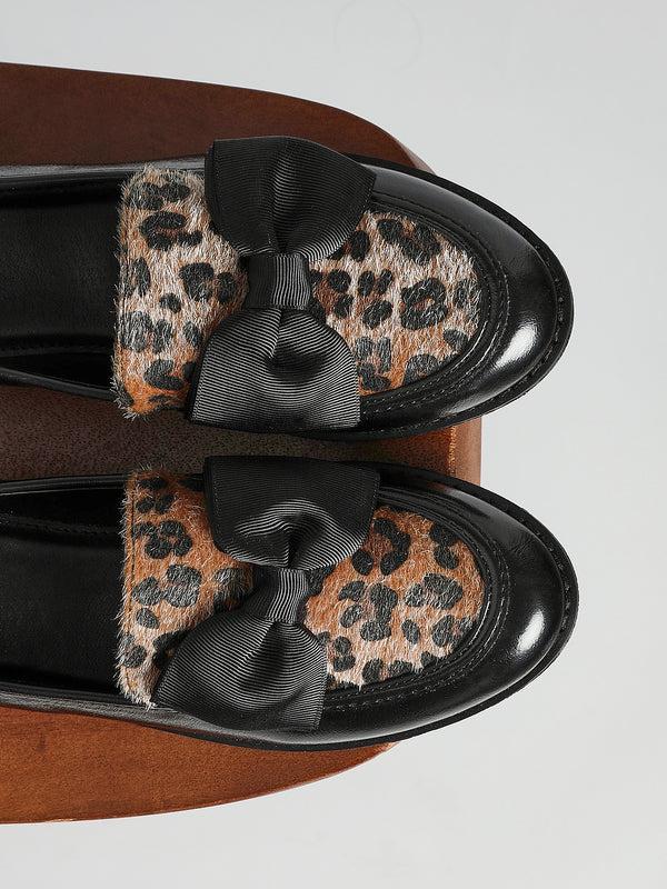 linzi Leopard Print Classic Slip On Loafer With Fabric Bow Detail
