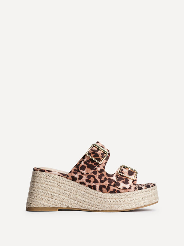 Linzi Leopard Print Double Buckle Espadrille Wedge Mule