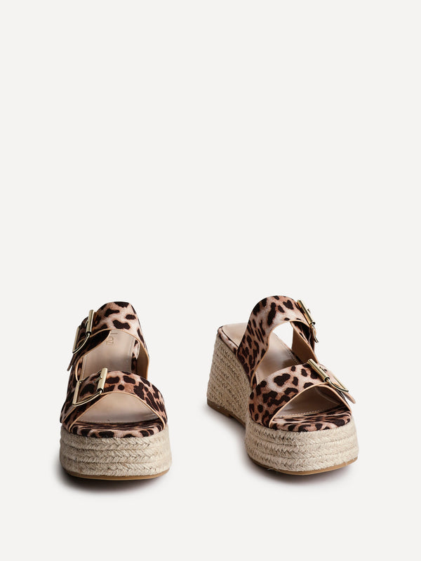 Linzi Leopard Print Double Buckle Espadrille Wedge Mule