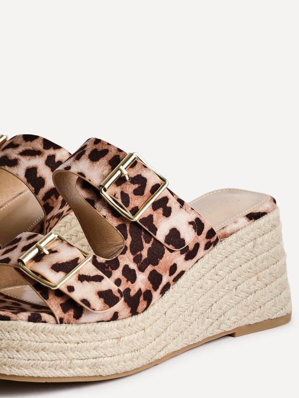 Linzi Leopard Print Double Buckle Espadrille Wedge Mule