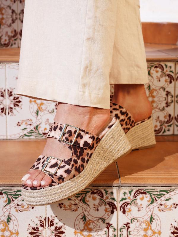 linzi Leopard Print Double Buckle Espadrille Wedge Mule