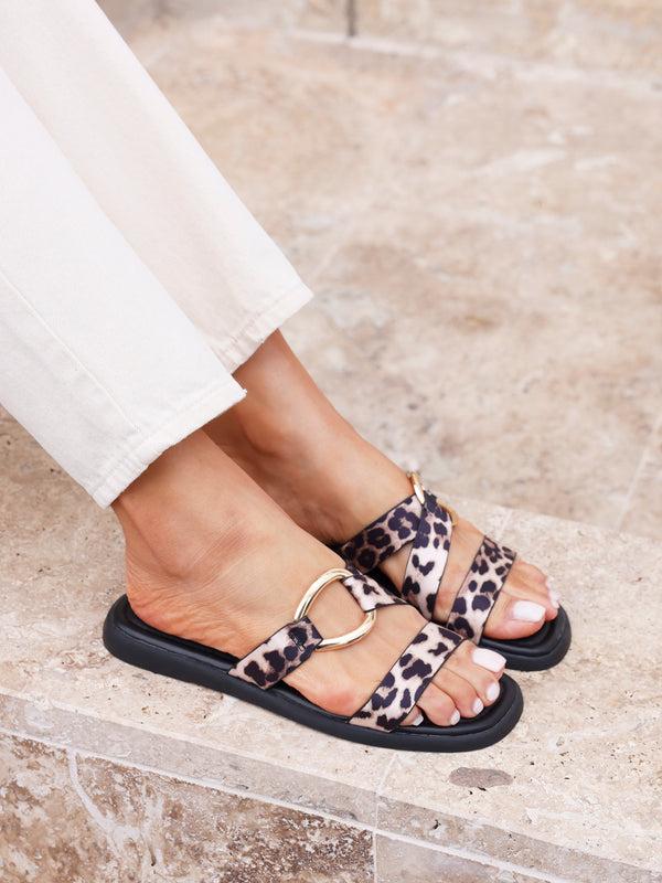 linzi Leopard Print Double Strap Sandal With Buckle Detail