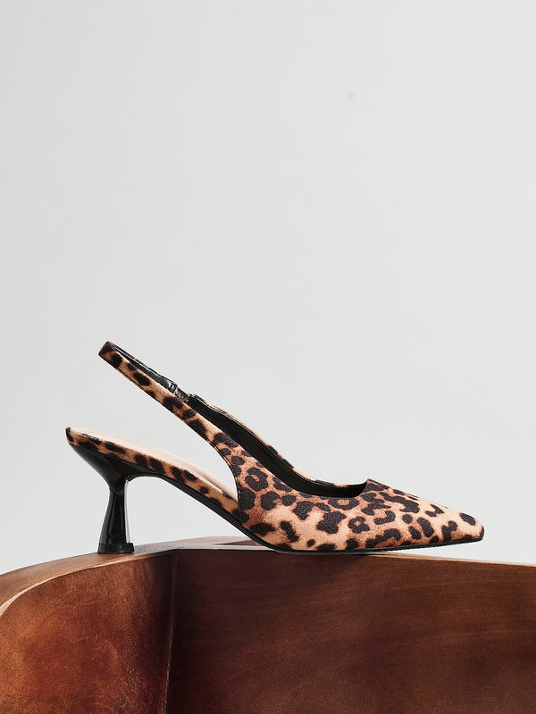 linzi Leopard Print Faux Suede Sling Back Low Court Heel