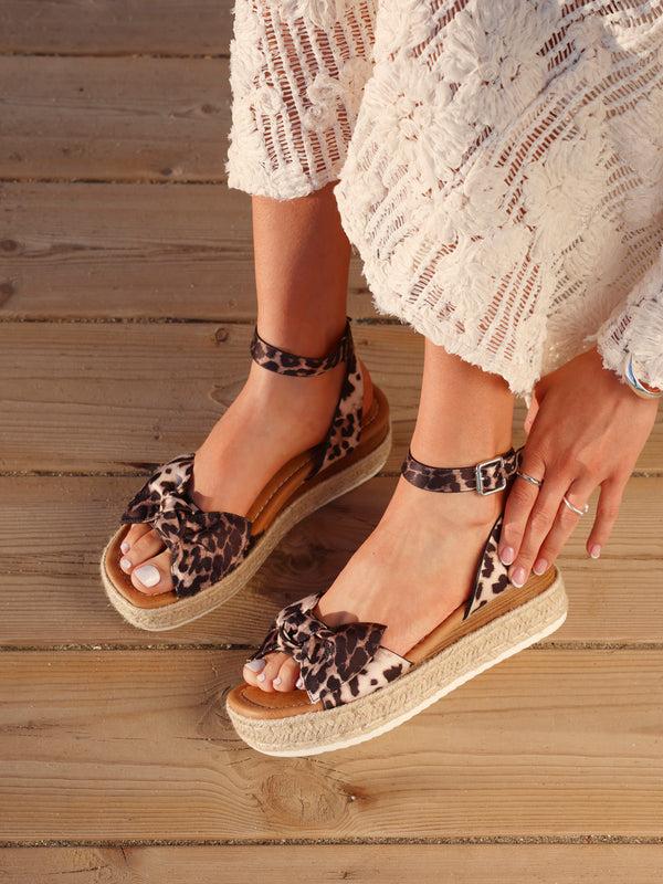 linzi Leopard Print Flatform Espadrille Inspired Sandal with Bow Detail