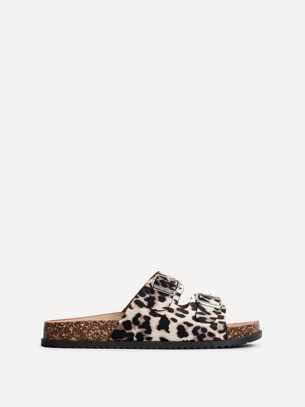 Linzi Leopard Print Satin Double Buckle Slider Sandal