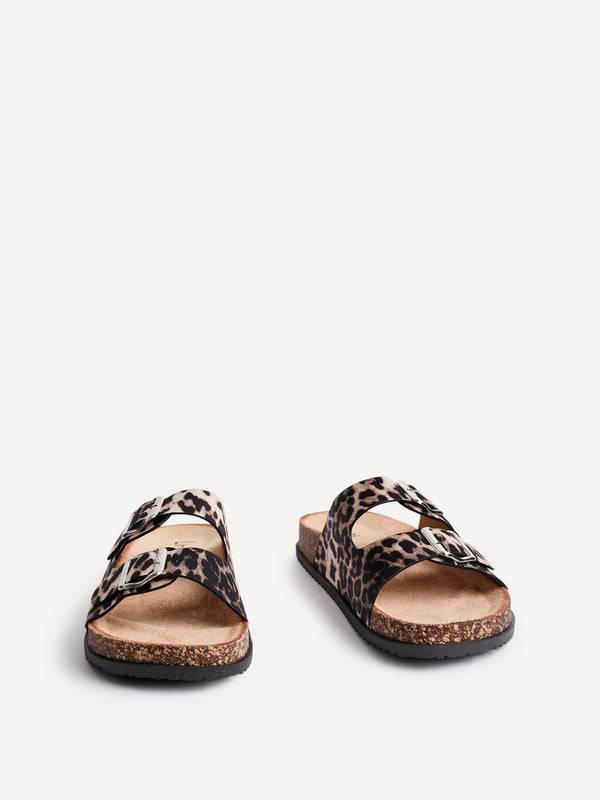 Linzi Leopard Print Satin Double Buckle Slider Sandal