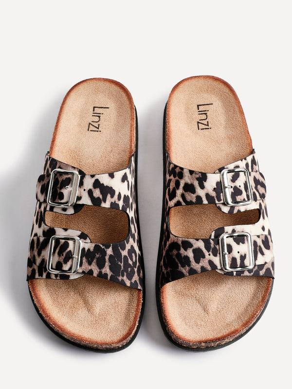Linzi Leopard Print Satin Double Buckle Slider Sandal
