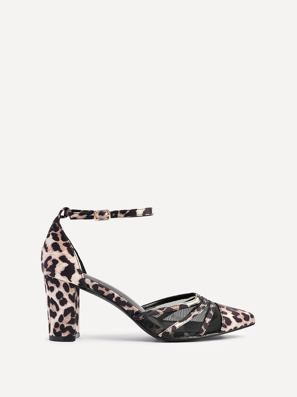 Linzi Leopard Print Scuba Block Court Heel With Mesh Front Detail