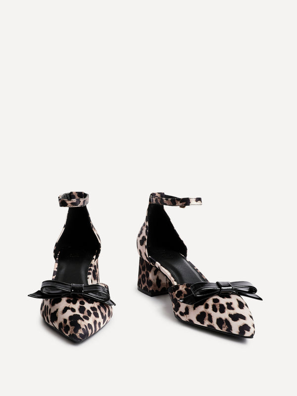 Linzi Leopard Print Scuba Low Block Court Heel With Bow Detail