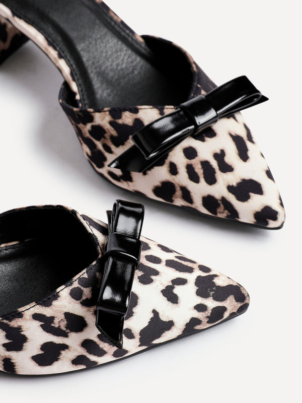 Linzi Leopard Print Scuba Low Block Court Heel With Bow Detail
