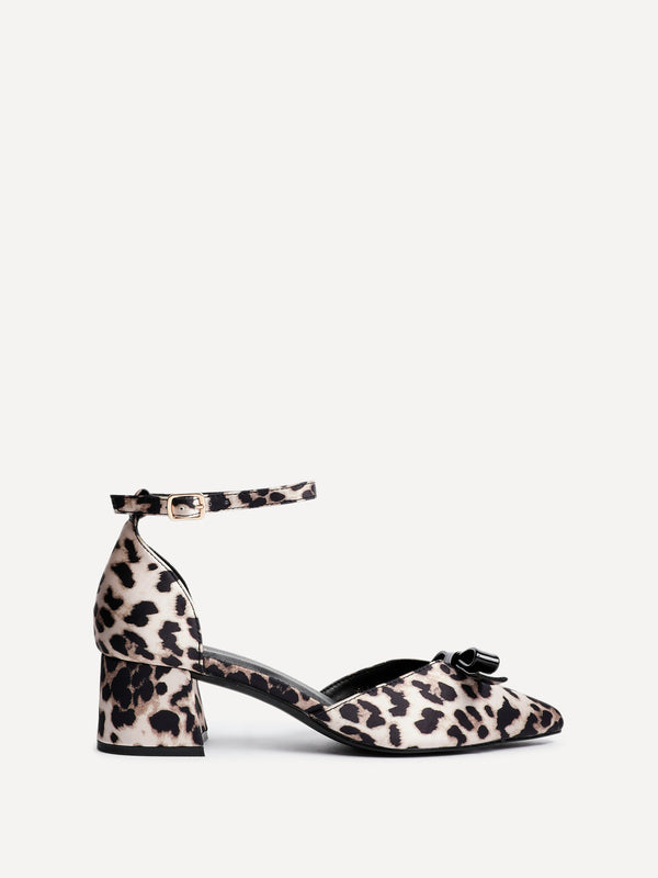 linzi Leopard Print Scuba Low Block Court Heel With Bow Detail