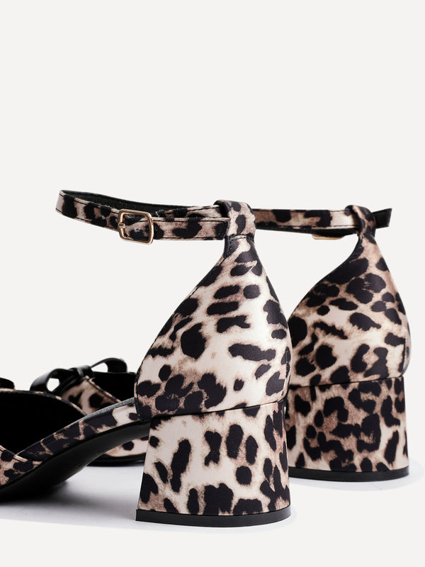 Linzi Leopard Print Scuba Low Block Court Heel With Bow Detail