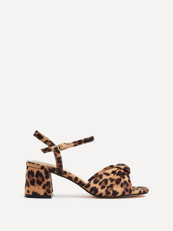 linzi Leopard Print Suede Block Heeled Sandal With Knotted Front Strap