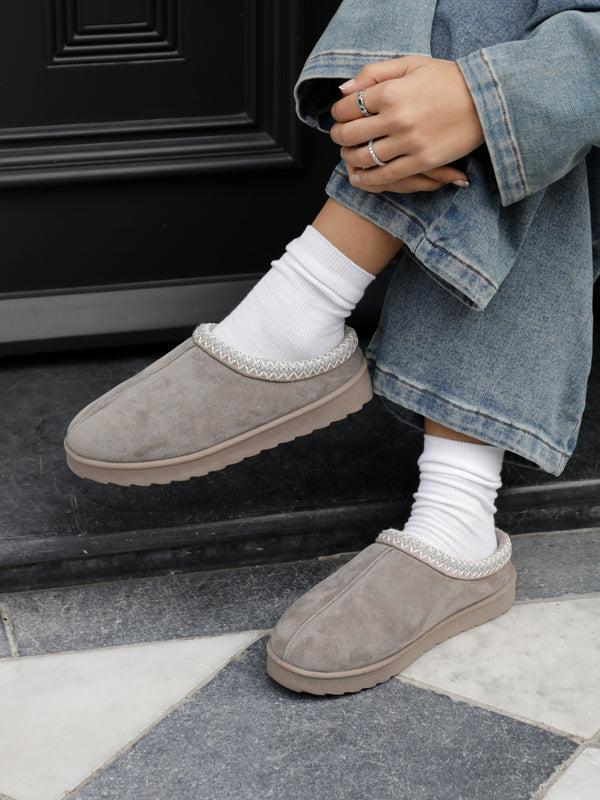 linzi Ash Grey Suede Slipper With Aztec Detail