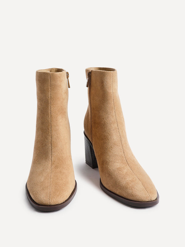 Linzi Beige Faux Suede Block Heeled Ankle Boot