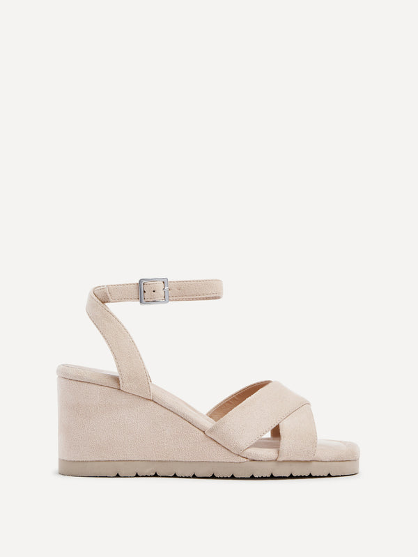 Linzi Beige Faux Suede Covered Crossover Wedge