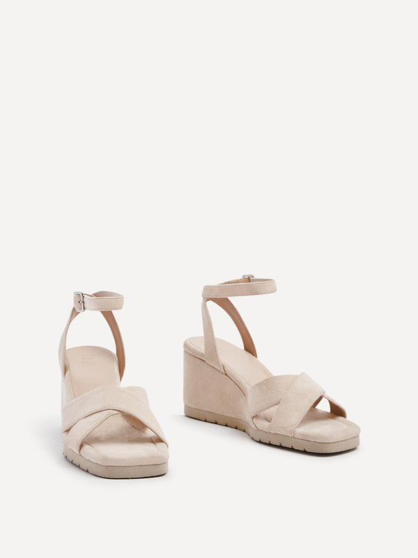 Linzi Beige Faux Suede Covered Crossover Wedge