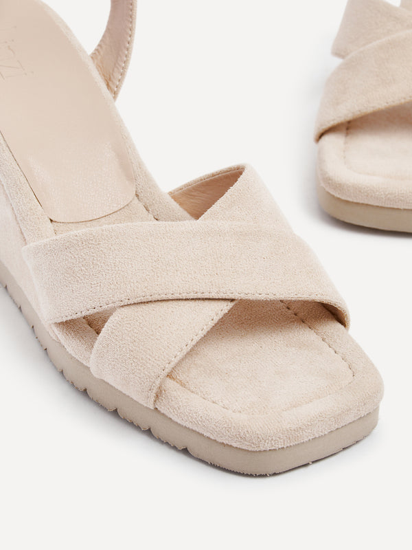 Linzi Beige Faux Suede Covered Crossover Wedge