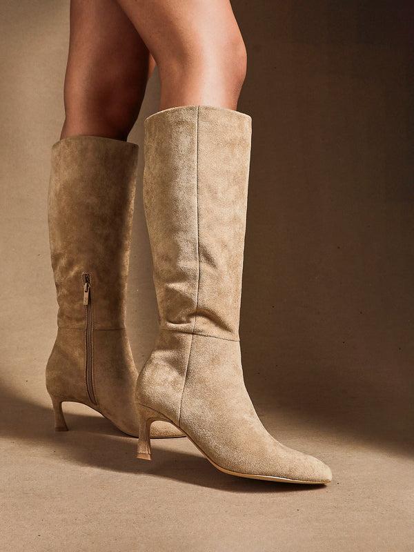 linzi Beige Faux Suede High Leg Stiletto Boots