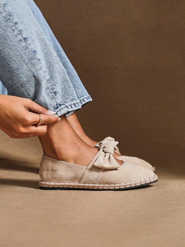linzi Beige Faux Suede Mary Jane With Bow Detail