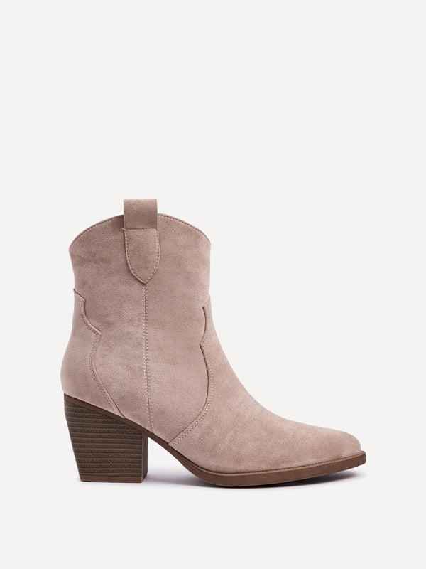 Linzi Beige Faux Suede Western Ankle Boot