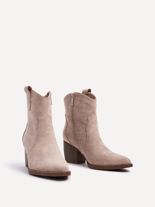 Linzi Beige Faux Suede Western Ankle Boot