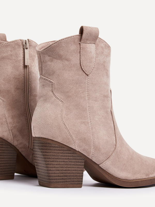 Linzi Beige Faux Suede Western Ankle Boot