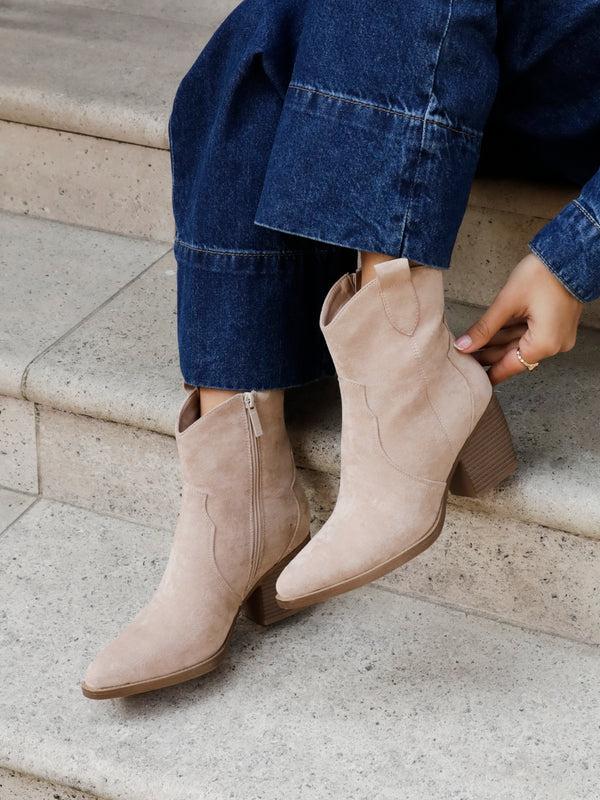 linzi Beige Faux Suede Western Ankle Boot