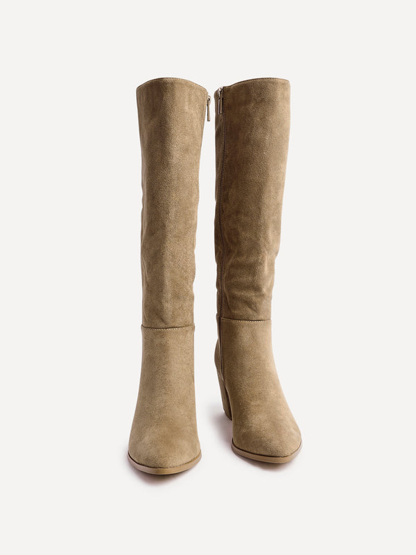 Linzi Beige Suede Block Heeled Long Boot