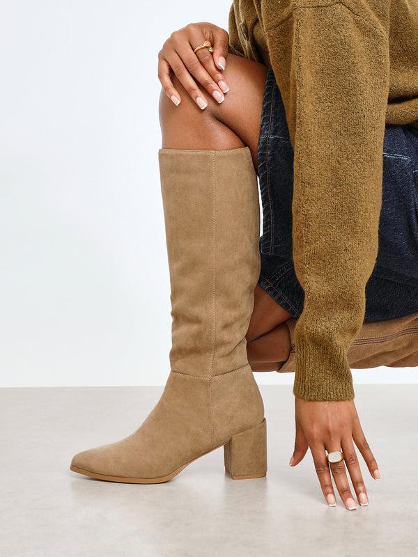 linzi Beige Suede Block Heeled Long Boot