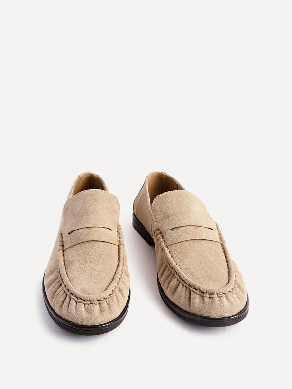 Linzi Beige Suede Leather Ruched Loafer