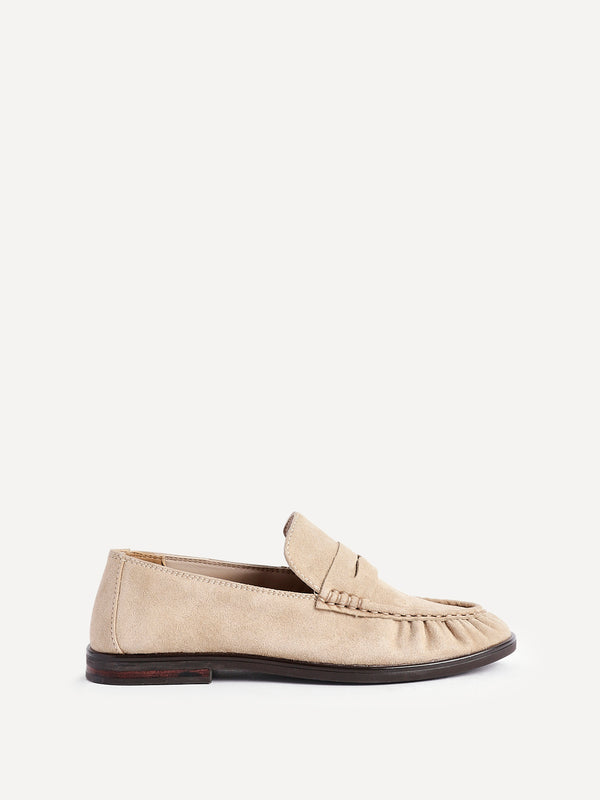 Linzi Beige Suede Leather Ruched Loafer