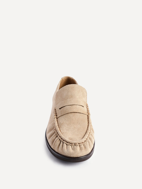 Linzi Beige Suede Leather Ruched Loafer