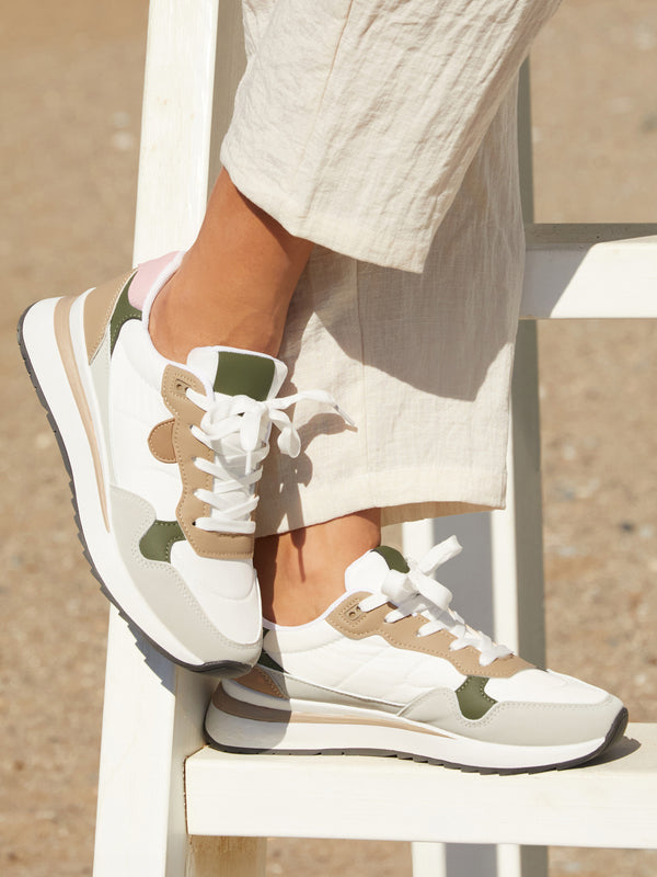 linzi Beige Two-Tone Wedged Trainer