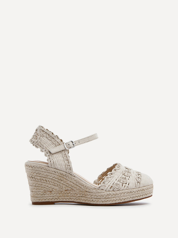 Linzi Beige Woven Closed Toe Espadrille Wedge