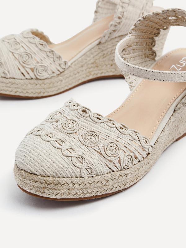 Linzi Beige Woven Closed Toe Espadrille Wedge