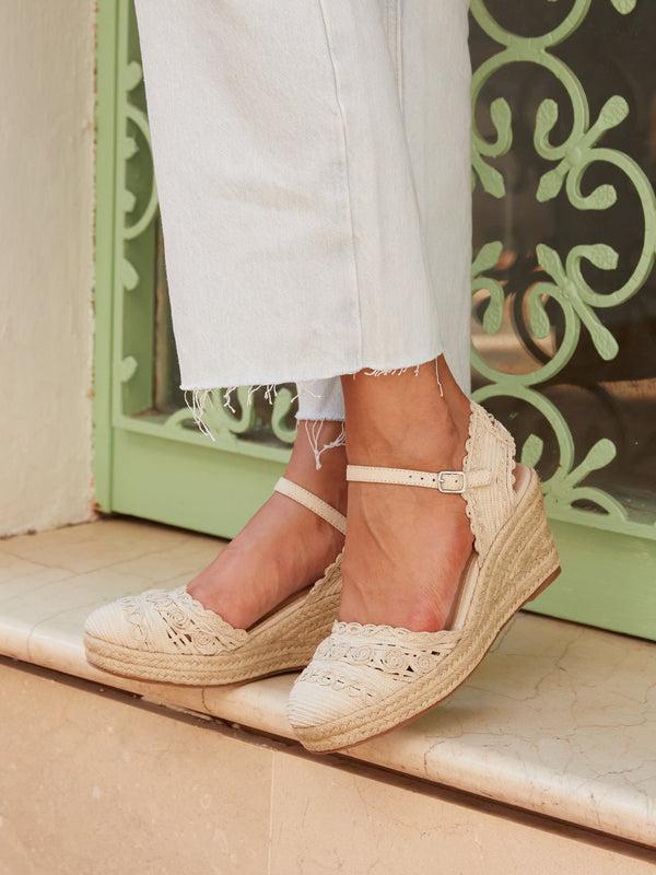 linzi Beige Woven Closed Toe Espadrille Wedge