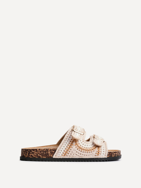 Linzi Beige Woven Double Buckle Footbed Sandal